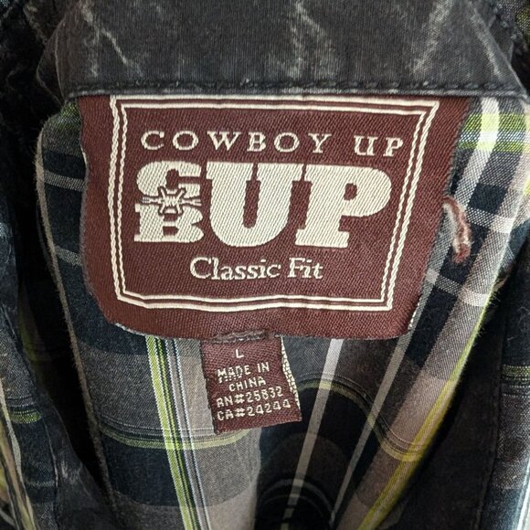 Cowboy Up Classic Fit Black White and Green Plaid Pearl Snap - L - Picture 5 of 10